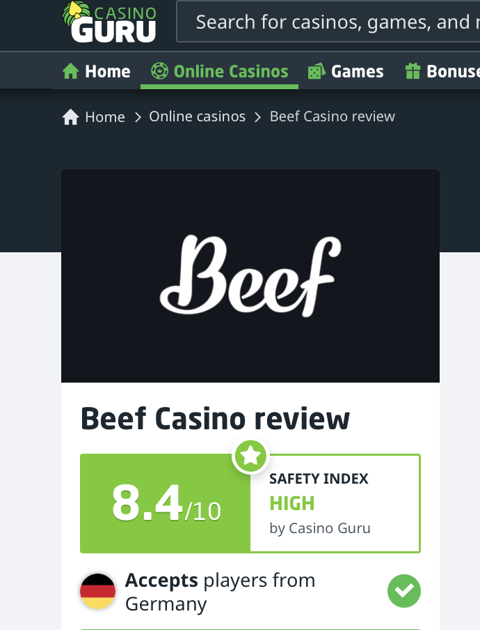 Beef Casino Guru Bewertung 8,4/10 mit Spielermeinungen