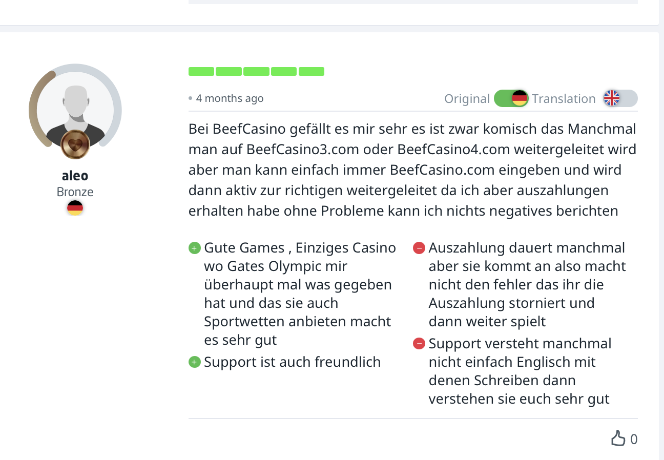 Beef Casino positive Bewertung Spielauswahl Support