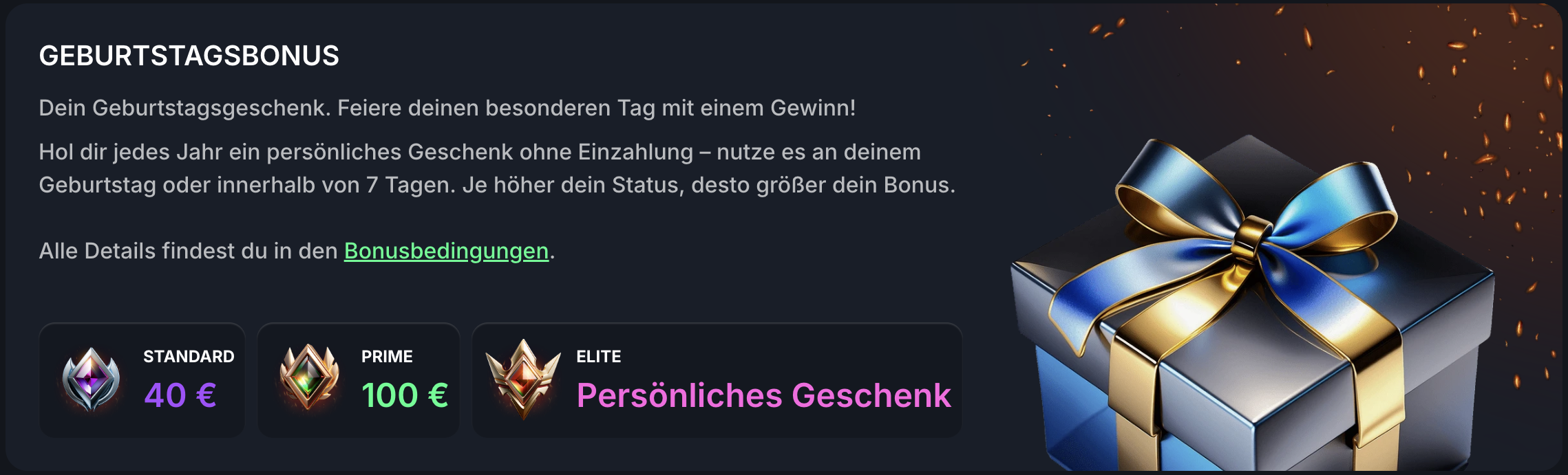 Beef Casino Geburtstagsbonus – persönliches Geschenk ohne Einzahlung, 40 € Standard, 100 € Prime, individuell für Elite